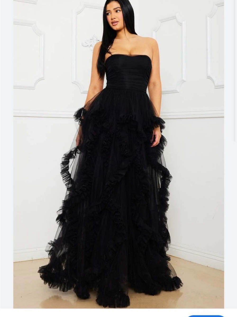 Guava Apparel Black Strapless Tulle Ruffle Gown - Size Medium